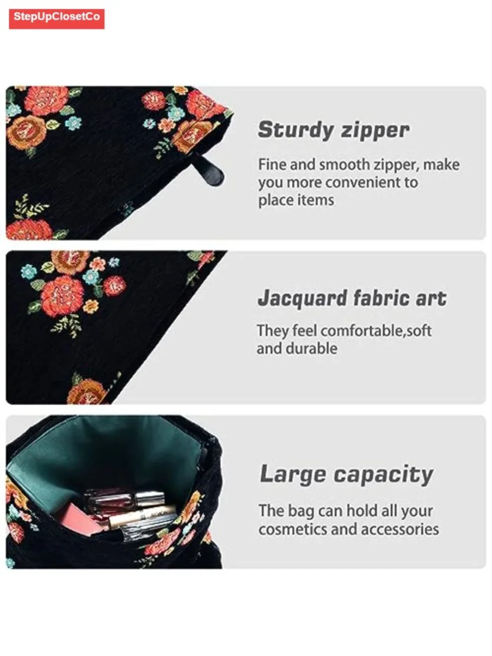 Large Embroidered Floral Makeup Bag Travel Toiletry Pouch Cosmetic Organizer